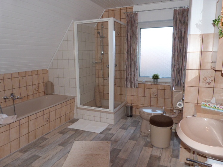 Bad mit Dusche, Badewanne, WC, Waschmaschine und Waschplatz