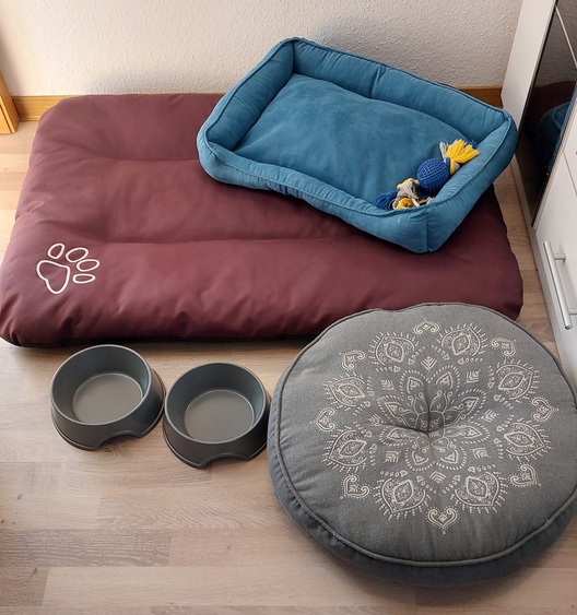 Hundebetten, verschiedene Größen und Näpfe