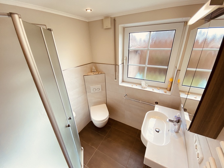 Blick in das moderne Badezimmer mit Dusche und WC.